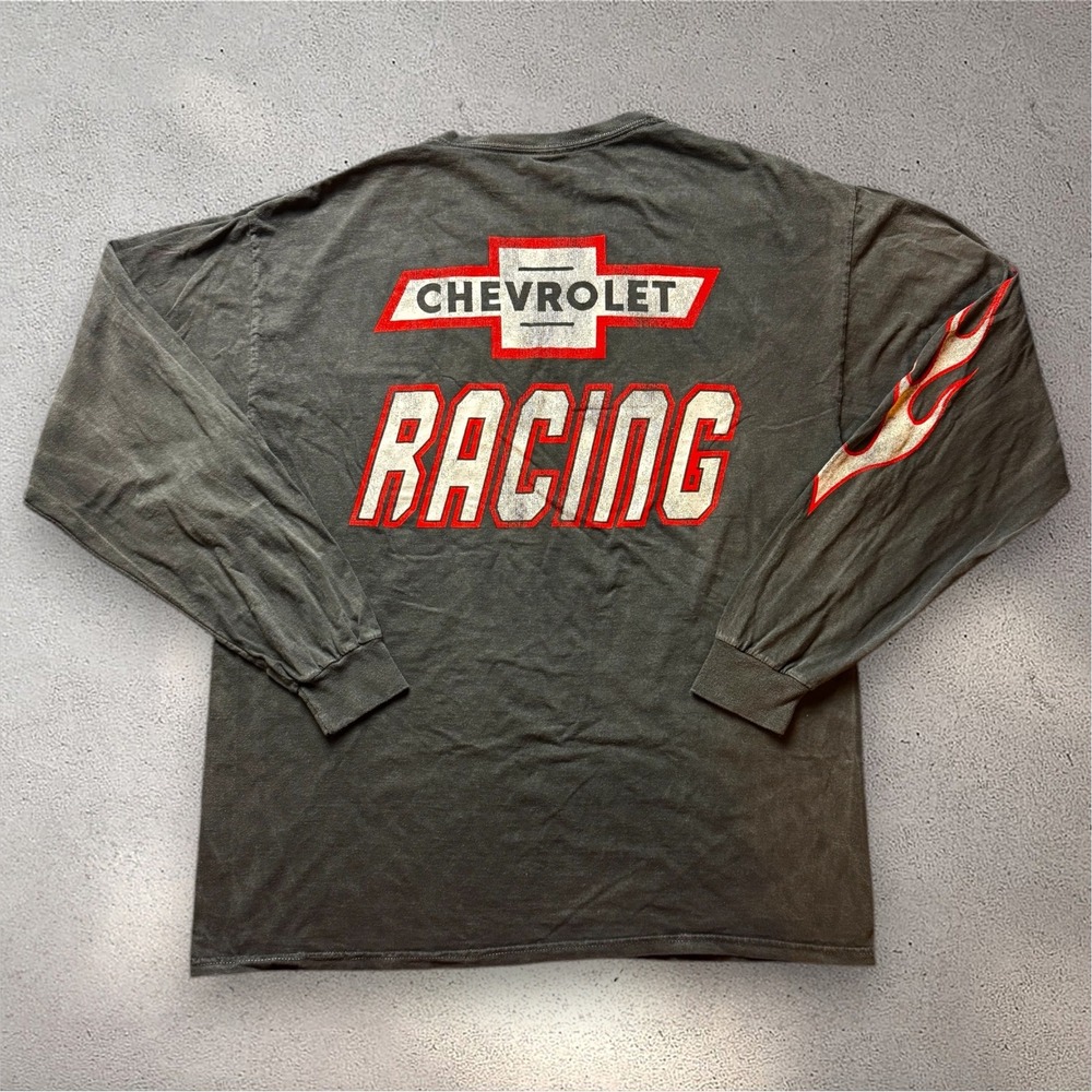 Chevrolet Racing Long Sleeve T-Shirt Mens Medium Gray GM Licensed Flames Bowtie